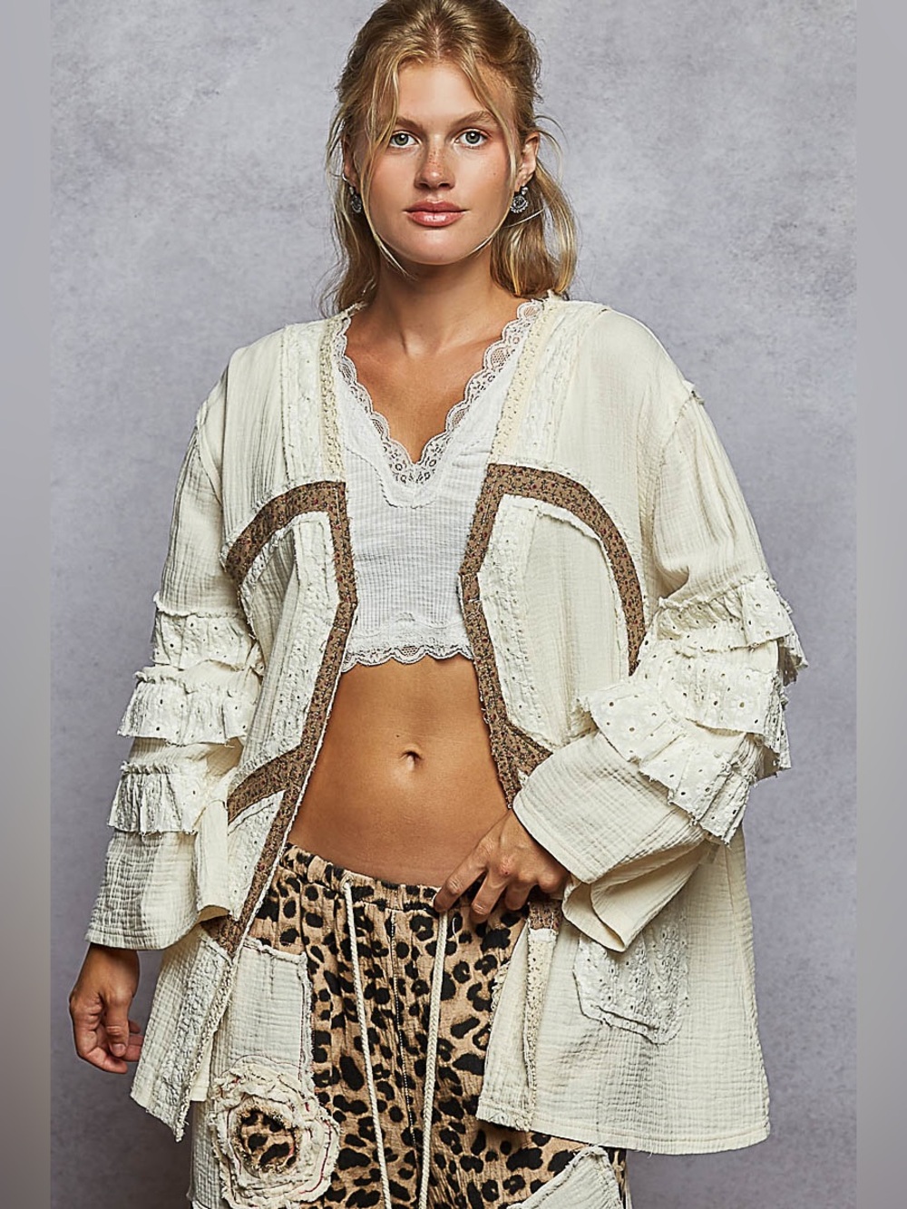 POL “ Peace Highway “ Cardigan 100% Cotton Patchwork | Cream